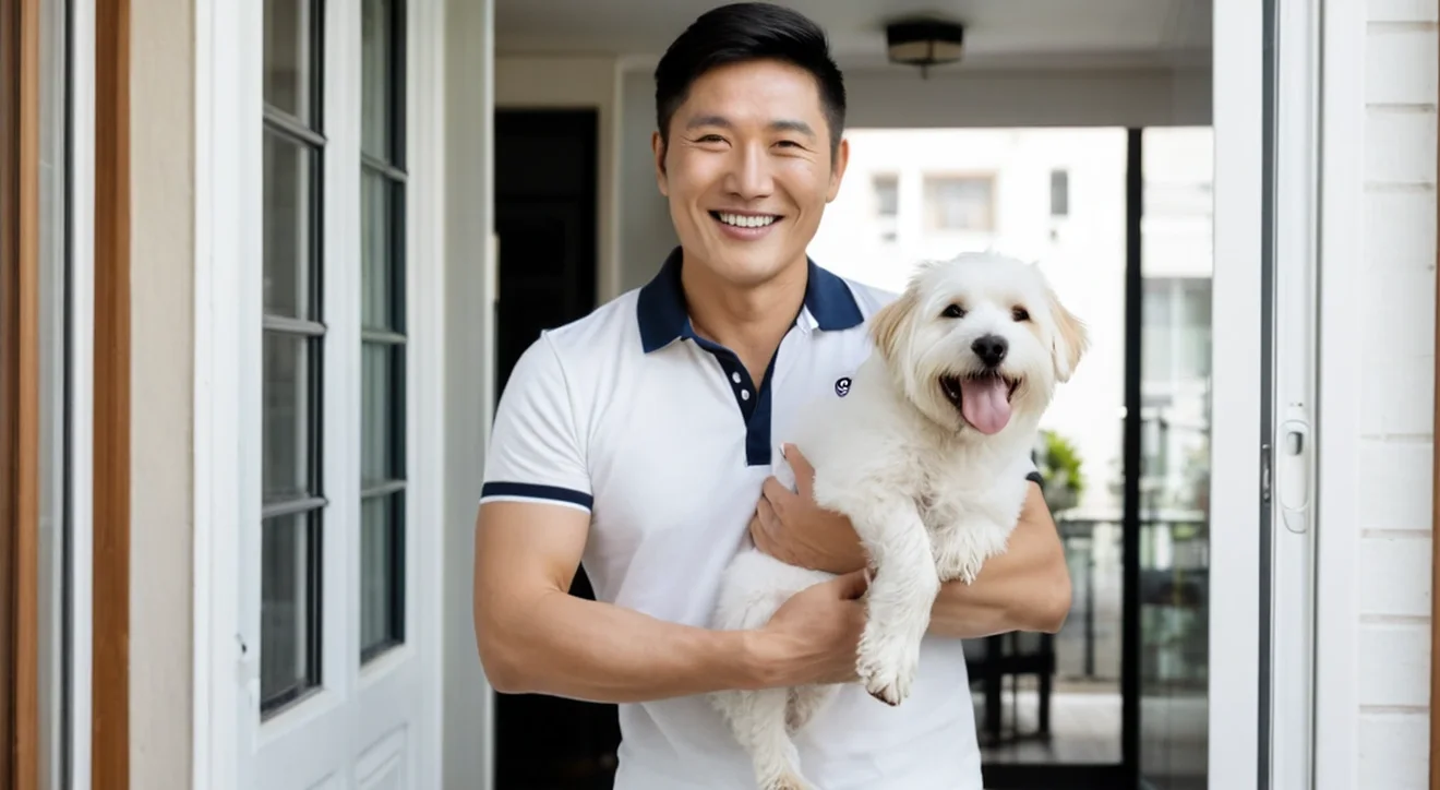 현관 앞에서 강아지를 건네받는 모습
